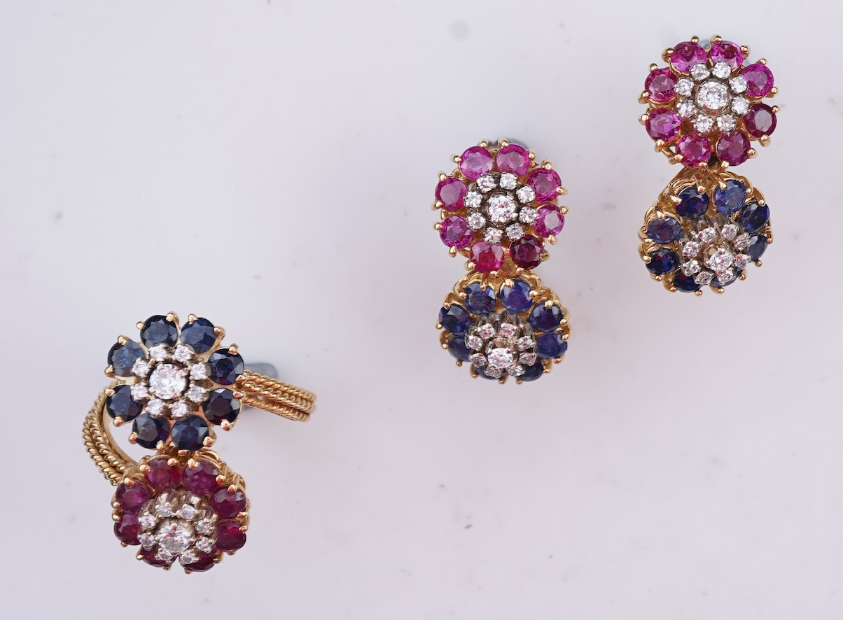 A sapphire, ruby and diamond demi-parure, mid 20th century